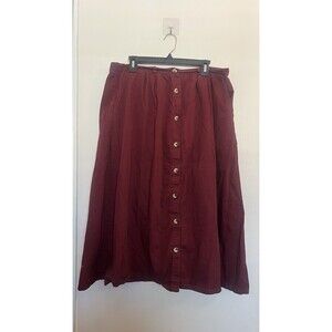 DenimMoves Burgundy Cotton Boho Peasant Button A-Line Long Skirt Plus 2X